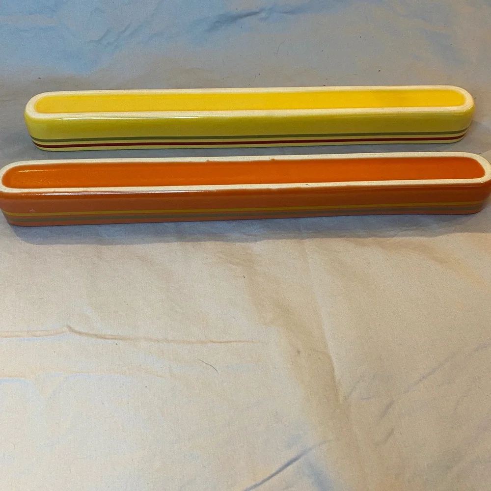 Set of 2‎ Ceramic Olive Serving Trays Yellow Orange Striped Rectangular Dishware